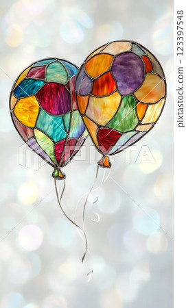 Stained glass balloons on soft bokeh background, artistic design. creative and colorful art concept 123397548