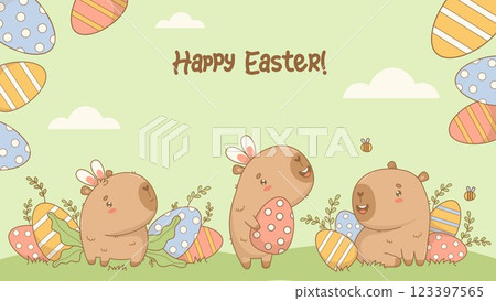 Happy Easter poster. Cute cartoon Capybaras in bunny ears with decorative paschal eggs. Holiday cool kawaii animal on green background. Horizontal banner congratulation. Vector illustration 123397565