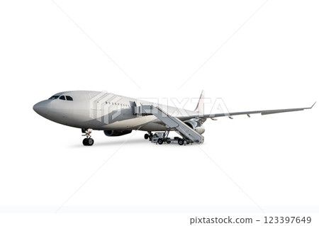 Wide body passenger plane with staircase isolated on white background 123397649