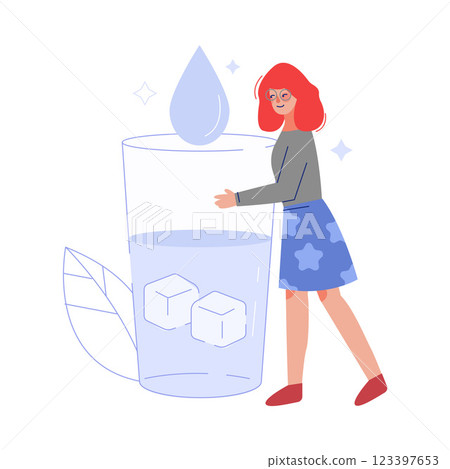 Young Woman Drinking Fresh Clean Water from Big Glass to Keep Body Healthy Vector Illustration Young Woman Drinking Fresh Clean Water from Big Glass to Keep Body Healthy Vector Illustration 123397653