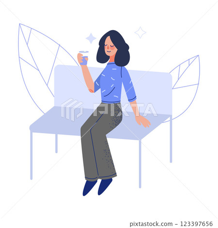 Young Woman Sitting on Bench and Drinking Fresh Clean Water from Bottle Vector Illustration Young Woman Sitting on Bench and Drinking Fresh Clean Water from Bottle Vector Illustration 123397656