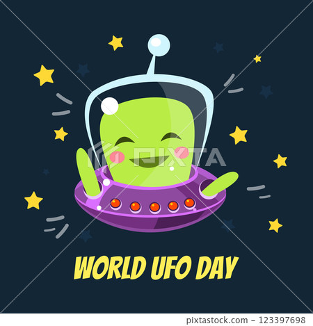 World UFO Day Banner Template with Cute Funny Alien in Spaceship Vector Illustration World UFO Day Banner Template with Cute Funny Alien in Spaceship Vector Illustration 123397698