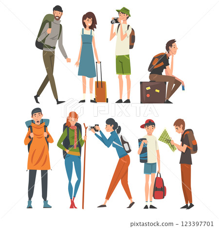 Tourists Travelling Set, People Having Summer Travel, Backpacking Trip or Expedition Vector Illustration 123397701