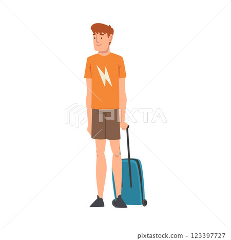 Male Tourist Standing with Suitcase, Guy Traveling on Vacation Vector Illustration 123397727