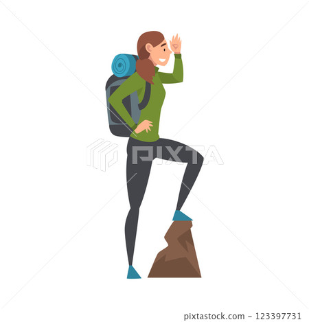 Young Woman with Backpack Standing on Top of the Mountain and Looking into the Distance, Vector Illustration Young Woman with Backpack Standing on Top of the Mountain and Looking into the Distance, Vector Illustration 123397731