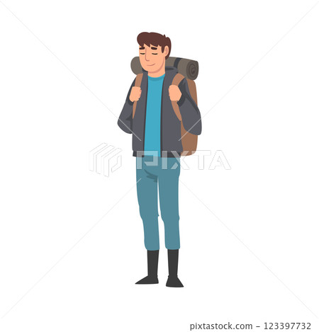 Male Tourist with Backpack, Summer Travel, Camping, Backpacking Trip or Expedition Vector Illustration 123397732