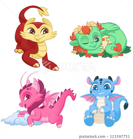 Cute Little Dragons Set, Colorful Adorable Mythological Animal Characters Vector Illustration Cute Little Dragons Set, Colorful Adorable Mythological Animal Characters Vector Illustration 123397751