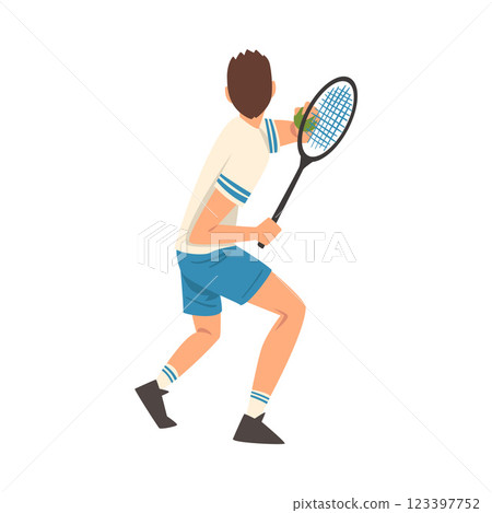 Tennis Player with Racket, Male Athlete Character Taking Part in Competition, View From Behind Vector Illustration 123397752