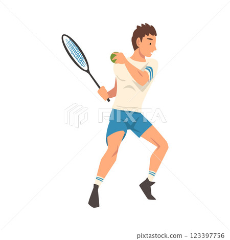 Tennis Player with Racket, Male Athlete Character in Uniform Taking Part in Competition Vector Illustration Tennis Player with Racket, Male Athlete Character in Uniform Taking Part in Competition Vector Illustration 123397756