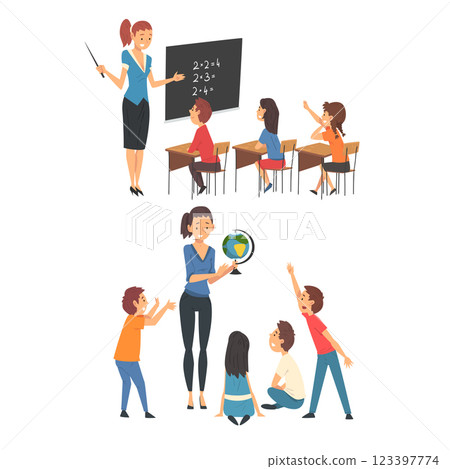 School Education Set, Female Teachers Teaching Students at Lessons Vector Illustration 123397774