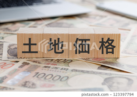 一塊寫著「土地價格」字樣的方塊 一塊寫著「土地價格」字樣的方塊 123397794