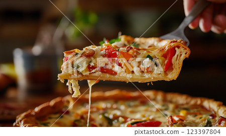 zucchini pie with sweet peppers and feta cheese, motion capture, slice lifted with spatula, golden flaky crust, vibrant vegetable filling, cheese stretch, rustic appeal, dynamic storytelling. 123397804
