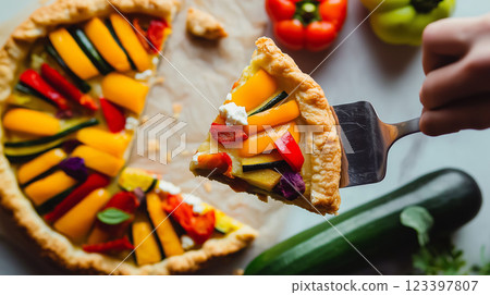 zucchini pie with sweet peppers and feta cheese, slice lifted with spatula, golden flaky crust, vibrant vegetable filling, cheese stretch, scattered crumbs, rustic aesthetic, natural textures, festive 123397807