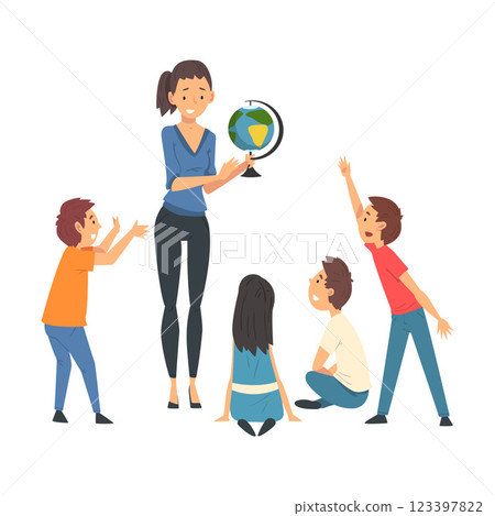 Female Teacher Teaching Students in Classroom at Geography Lesson Vector Illustration Female Teacher Teaching Students in Classroom at Geography Lesson Vector Illustration 123397822