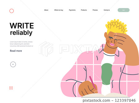 Writing people, modern flat vector concept illustration- sitting man thoughtfully writing on notebook. Metaphor for reflection, personal insight, contemplation, creative expression Writing people, modern flat vector concept illustration- sitting man thoughtfully writing on notebook. Metaphor for reflection, personal insight, contemplation, creative expression 123397846