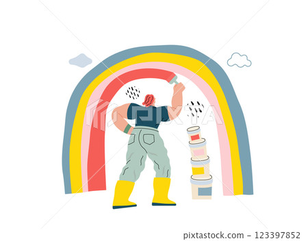 Life Unframed: Rainbow artist -modern flat vector concept illustration of a man drawing a rainbow. Metaphor of unpredictability, imagination, whimsy, cycle of existence, play, growth and discovery Life Unframed: Rainbow artist -modern flat vector concept illustration of a man drawing a rainbow. Metaphor of unpredictability, imagination, whimsy, cycle of existence, play, growth and discovery 123397852