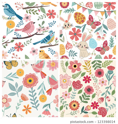 set of 4 pattern with cute decorative spring elements 123398014