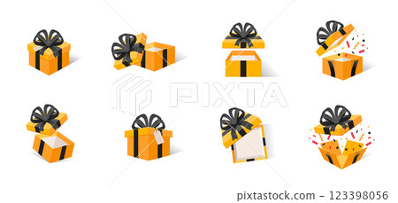 Set of Elegant Gold Gift Boxes with Bows, Open and Closed, Various Angles, Isolated Background, Flat Design 123398056