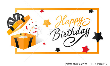 Elegant Birthday Banner with Calligraphy, Gift Box, Confetti, and Stars in a Decorative Frame 123398057