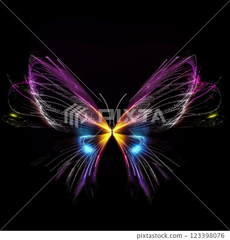 Silhouette of a butterfly on a black background. Colorful outline of a butterfly in neon color. 123398076