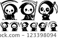 Cartoon-style image featuring a chibi Grim Reaper character. 123398094