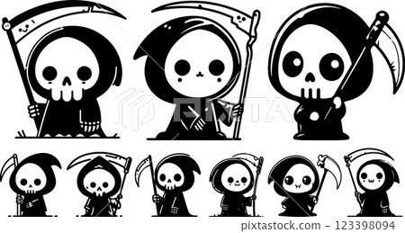 Cartoon-style image featuring a chibi Grim Reaper character. 123398094
