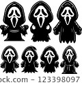 A cartoon figure in a black robe with a white Scream style mask 123398097