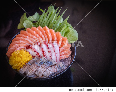 Sashimi Sushi Set on Plate Delicious sashimi bowl with fresh fish and octopus. 123398185