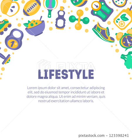 Healthy Lifestyle Banner Template with Sports Equipment and Space for Text Vector Illustration Healthy Lifestyle Banner Template with Sports Equipment and Space for Text Vector Illustration 123398241