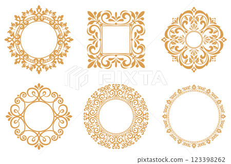 Set of decorative frames Elegant vector element for design in Eastern style, place for text. Floral golden and white borders. Lace illustration for invitations and greeting cards Set of decorative frames Elegant vector element for design in Eastern style, place for text. Floral golden and white borders. Lace illustration for invitations and greeting cards 123398262