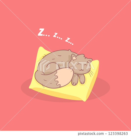 Cute Adorable Grey Cat Sleeping on a Pillow Vector Illustration 123398263