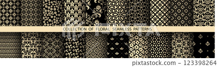 Geometric floral set of seamless patterns. Golden and black vector backgrounds. Damask graphic ornaments 123398264