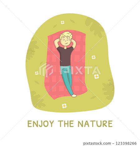 Enjoy the Nature, Guy Lying on Green Grass in Park and Relaxing Vector Illustration Enjoy the Nature, Guy Lying on Green Grass in Park and Relaxing Vector Illustration 123398266