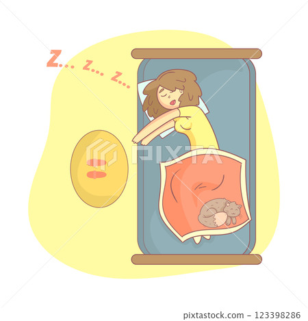 Beautiful Girl and Her Cat Sleeping in the Bed Vector Illustration 123398286