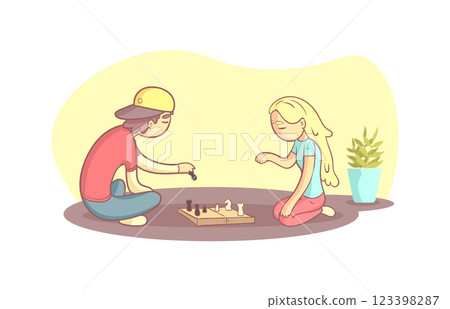 Girl And Guy Sitting on the Floor and Playing Chess Vector Illustration 123398287