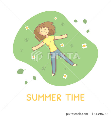 Girl Lying on Green Grass in Park and Relaxing, Person Enjoying Beautiful Nature, Summer Time Vector Illustration 123398288