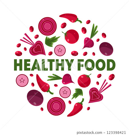 Healthy Food Banner Template of Round Shape with Red Ripe Vegetables and Berries Vector Illustration Healthy Food Banner Template of Round Shape with Red Ripe Vegetables and Berries Vector Illustration 123398421