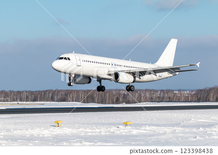White passenger jetliner landing at winter airport 123398438