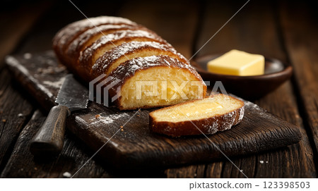 Sliced buttered brioche on rustic wooden cutting board 123398503