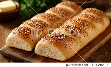 Freshly baked whole grain bread rolls with sesame and poppy seeds on wooden board 123398504