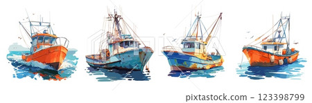 Watercolor fishing boat. Nautical vessel sea ship on water, sail travel transportation set vector illustration 123398799