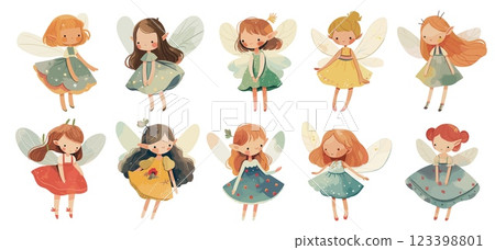 Watercolor fairy. Fantasy flower girl character with wings, fair tale children, cartoon magic princess set vector illustration 123398801