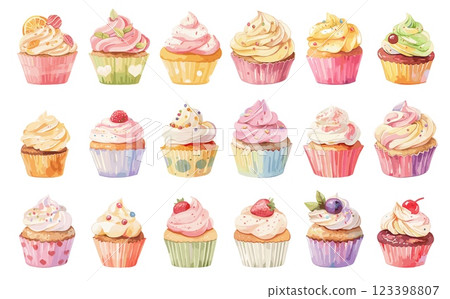 Watercolor cupcakes. Cake muffins sweet food with cream icing, birthday pastry dessert with frosting set vector illustration 123398807