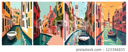 Venice poster. Retro minimalistic Italy architecture tourism city landmark postcard, romantic gondola travel vector illustration 123398835
