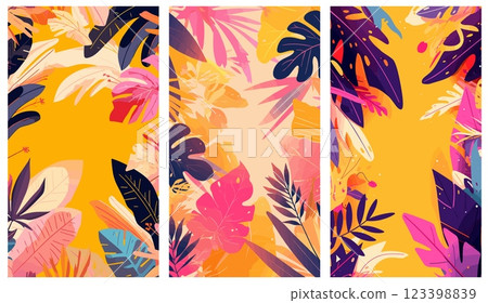 tropics backgrounds set. tropical pink blue purple leaves on yellow background, plant foliage monstera ficus frame summer vector illustration tropics backgrounds set. tropical pink blue purple leaves on yellow background, plant foliage monstera ficus frame summer vector illustration 123398839