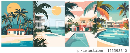 Tropical resort poster. Minimalistic abstract travel hotel building pool tropical palm sea beach, summer vacation set vector illustration 123398840