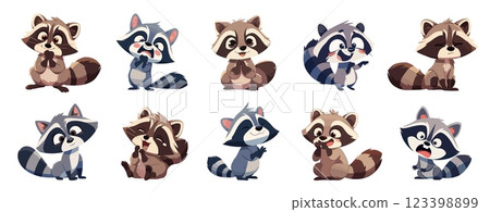 raccoons set cartoon. gray brown raccoon, cute funny cheerful sad scared wild animal sticker emotions character vector illustration 123398899