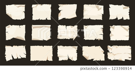 piece of paper cartoon. white torn sticker set, clean empty old crumpled fragment message vector illustration 123398914