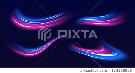 Speed police line set. Laser beams, horizontal light rays. Magic shining neon light line trails. Purple glowing wave swirl, impulse cable lines. High speed effect motion blur night lights 123398938