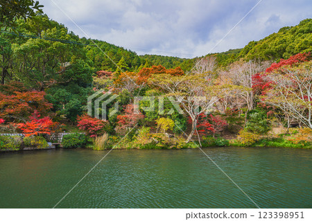 田原市滝頭公園的山與池塘的紅葉(愛知縣) 田原市滝頭公園的山與池塘的紅葉(愛知縣) 123398951